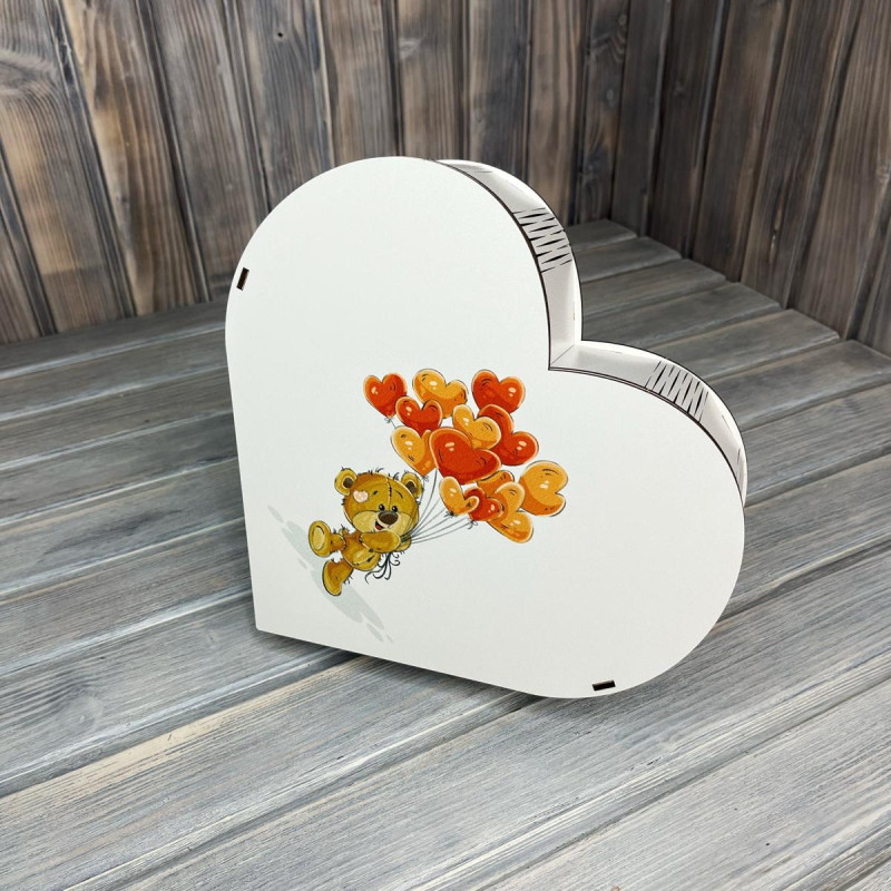 Коробка серце "Ведмедик з кульками" БІЛИЙ (34-30-9 см)